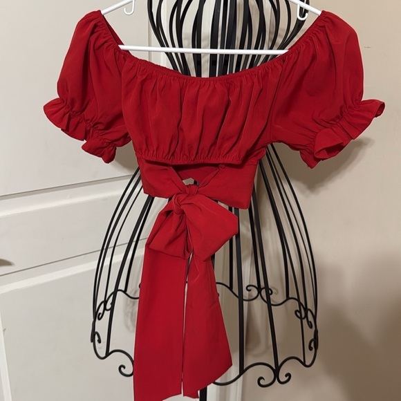 LYANER Women's Ruffle Short Sleeve Tie Up Back Crop Top Off Shoulder Blouse NWOT - Picture 5 of 8